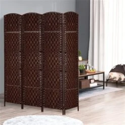 HomCom Brown Resin Wicker Foldable 4-Panel Indoor Privacy Screen