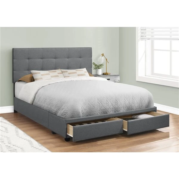 Monarch Specialties Dark Grey Linen Queen Upholstered Bed Integrated Storage 3 Monarch Specialties Dark Grey Linen Queen Upholstered Bed Integrated Storage - Image 3