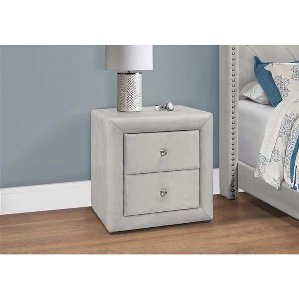 Monarch Specialties Velvet Light Grey Nightstand 1 Monarch Specialties Velvet Light Grey Nightstand