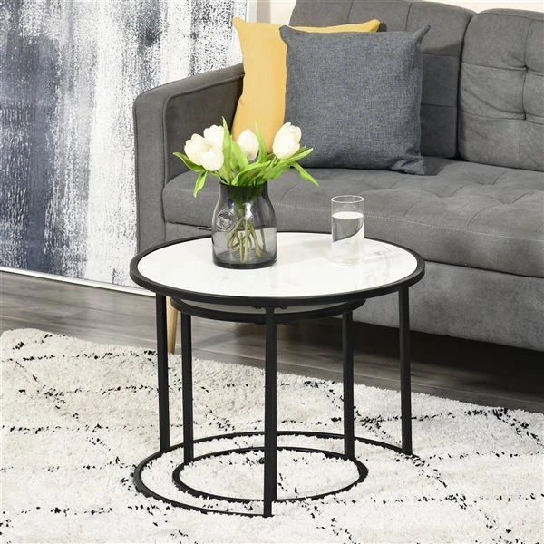 HomCom White MDF Nesting Table Set With Steel Frame - 2-Piece 4 HomCom White MDF Nesting Table Set With Steel Frame - 2-Piece - Image 4