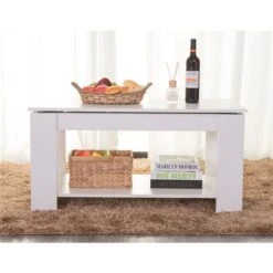 Basicwise White Rectangular Modern Wood Coffee Table