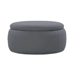 Inspired Home Brayleigh Modern Dark Grey Linen Round Integrated Storage Ottoman