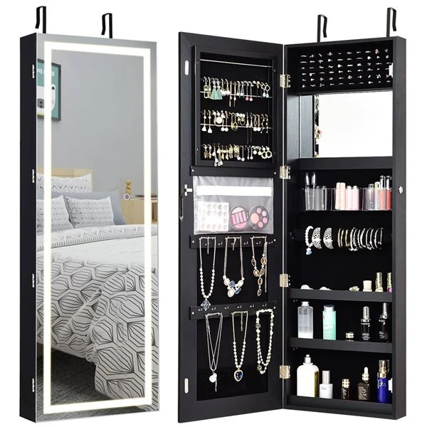 Costway Black Composite Wood Wall-Mount Jewelry Armoire With LED Light 4 Costway Black Composite Wood Wall-Mount Jewelry Armoire With LED Light - Image 4