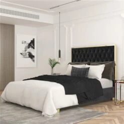 !nspire Black And Gold Contemporary Velvet Queen Platform Bed -Safavieh Shop 331061612 AlternateImage1 l