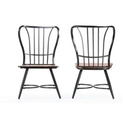 Baxton Studio Longford Dark Walnut Wood/Black Metal Traditional Arm Chair With Metal Frame - Set Of 2